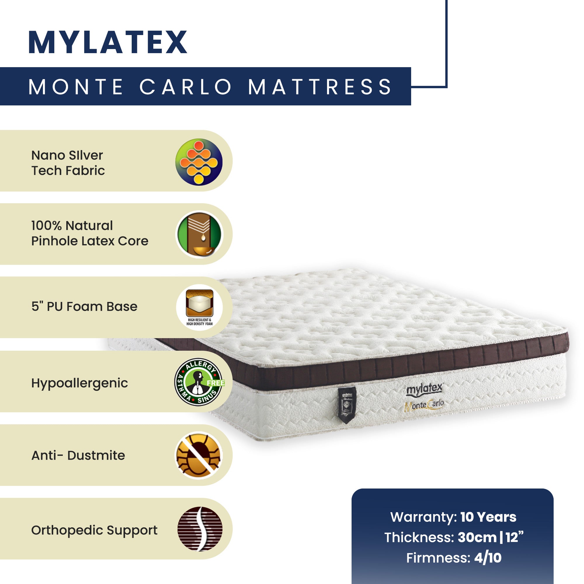 MyLatex MONTE CARLO, 12" Natural Latex Orthopaedic Mattress