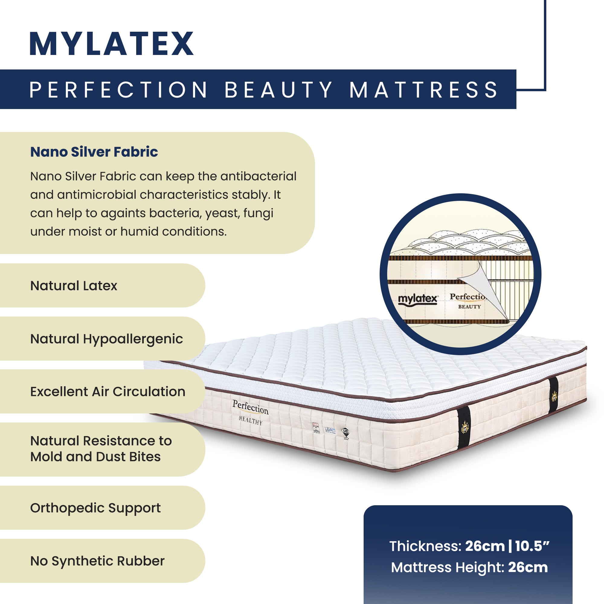 MyLatex PERFECTION BEAUTY, 10.5" 100% Natural Latex Orthopaedic Mattress