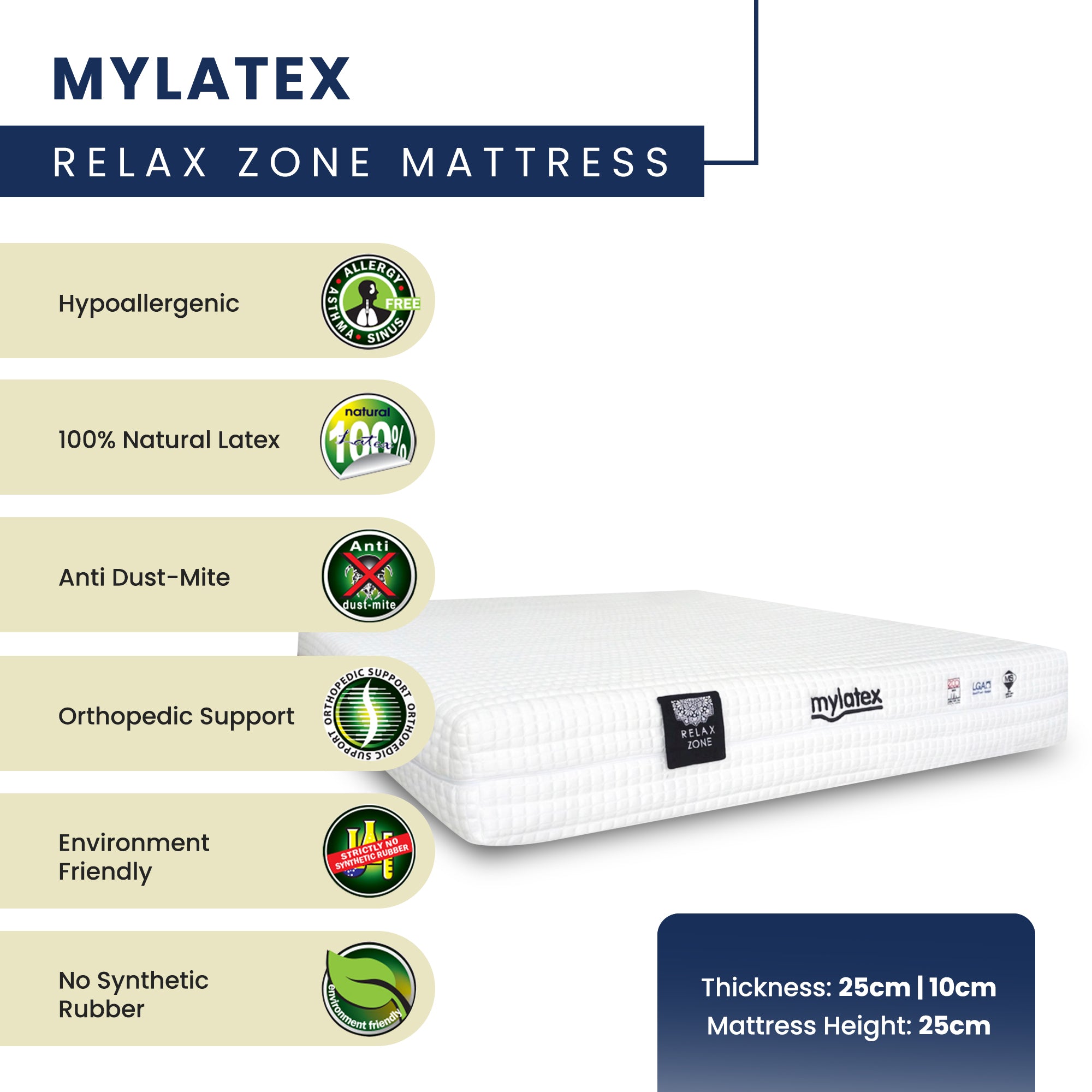 MyLatex RELAX ZONE, 10" 100% Natural Latex Orthopaedic Mattress
