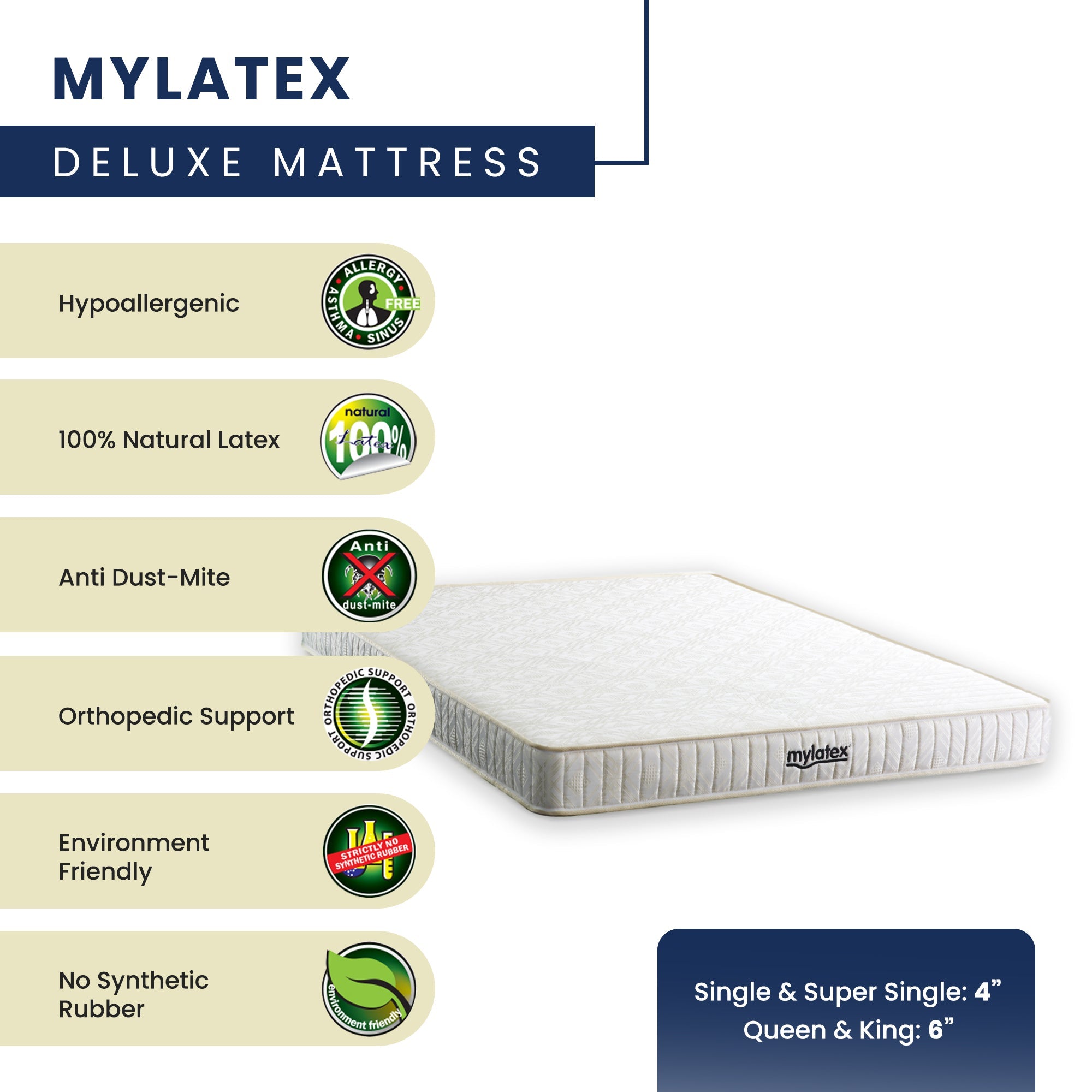 MyLatex DELUXE, 4" or 6" Natural Latex Mattress