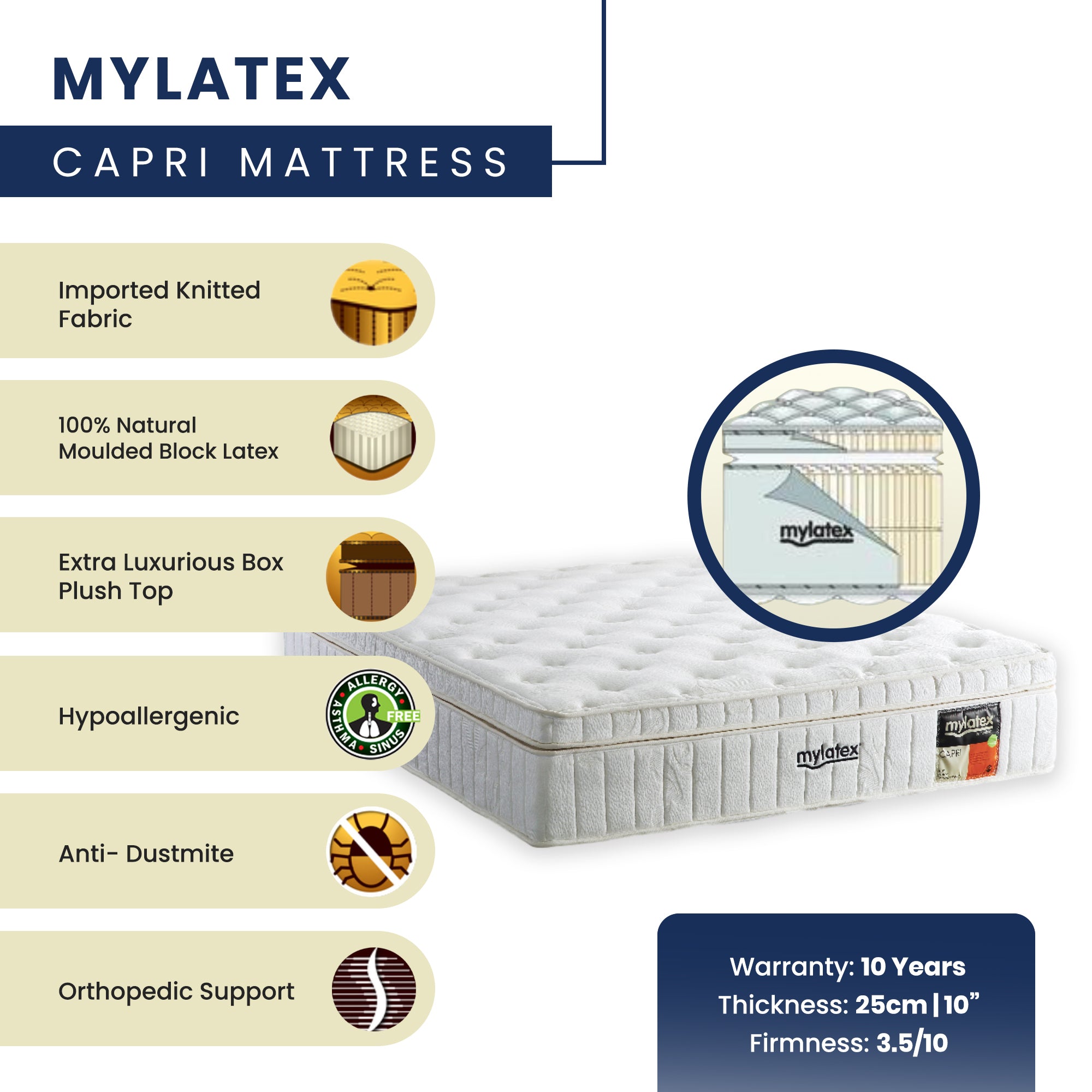 MyLatex CAPRI, 10" 100% Natural Latex Orthopaedic Mattress