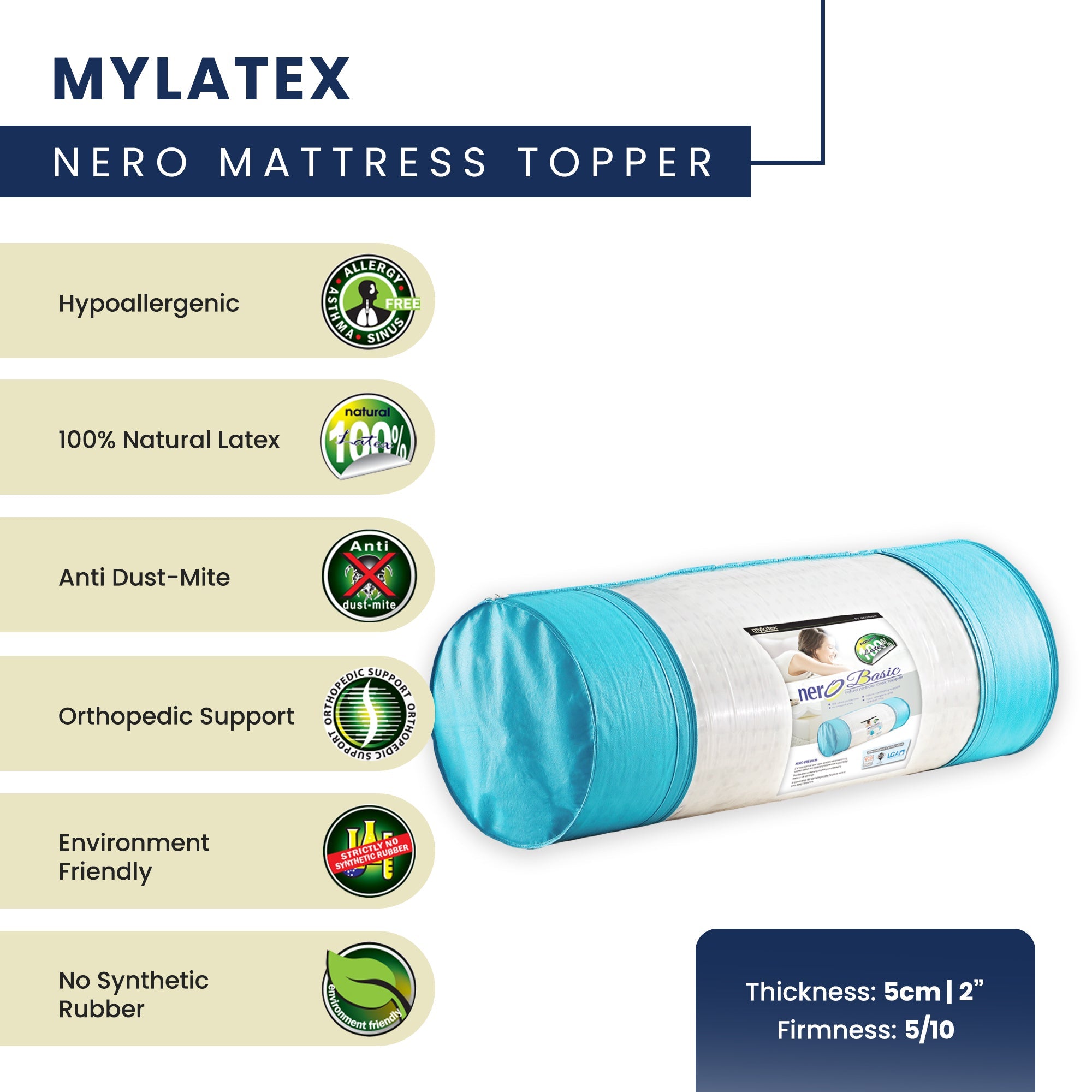 MyLatex NERO Topper (2 inch), 100% Natural Latex