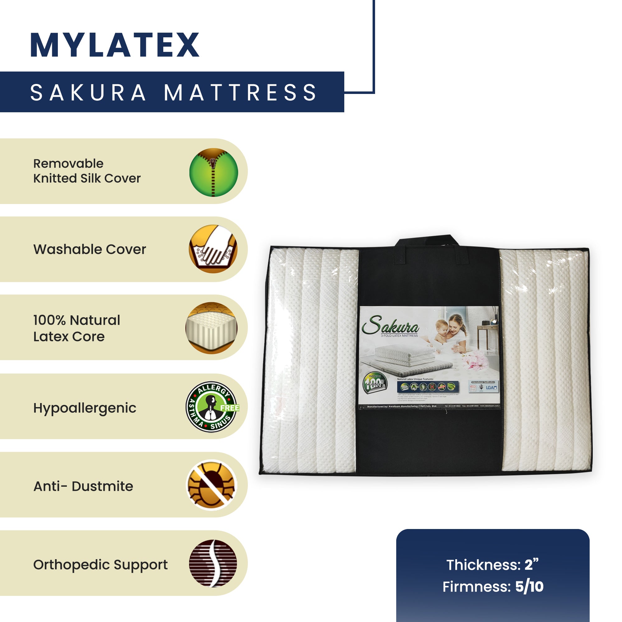 MyLatex SAKURA, 2" 100% Natural Latex Foldable Mattress